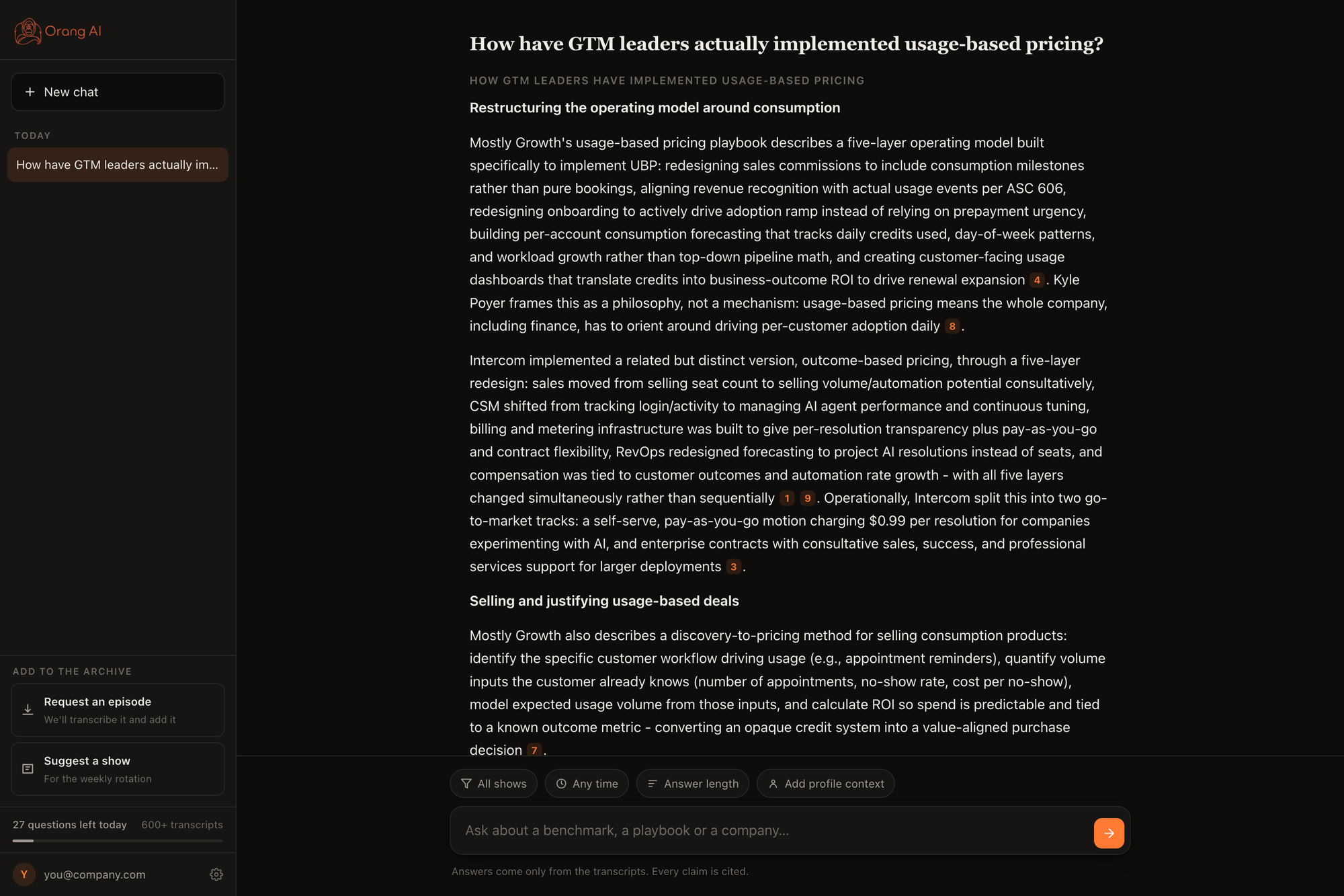 Ask Orang answering a question about usage-based pricing, naming the
                companies and citing the episode behind each claim